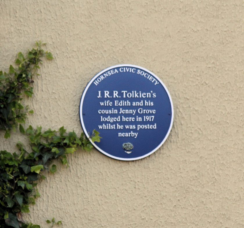 Blue Plaque on 1 Bank Terrace, Hornsea. NB Jennie Grove is incorrectly said to be Tolkien’s cousin, and her first name is also spelled incorrectly.