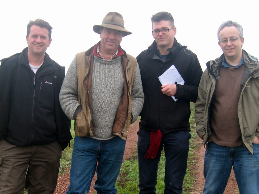 First World War researcher Jeremy Banning, historian Peter Barton, director Sebastian Barfield, and Tolkien and the Great War author John Garth just outside Thiepval Wood, where Tolkien saw action in August and September 1916.